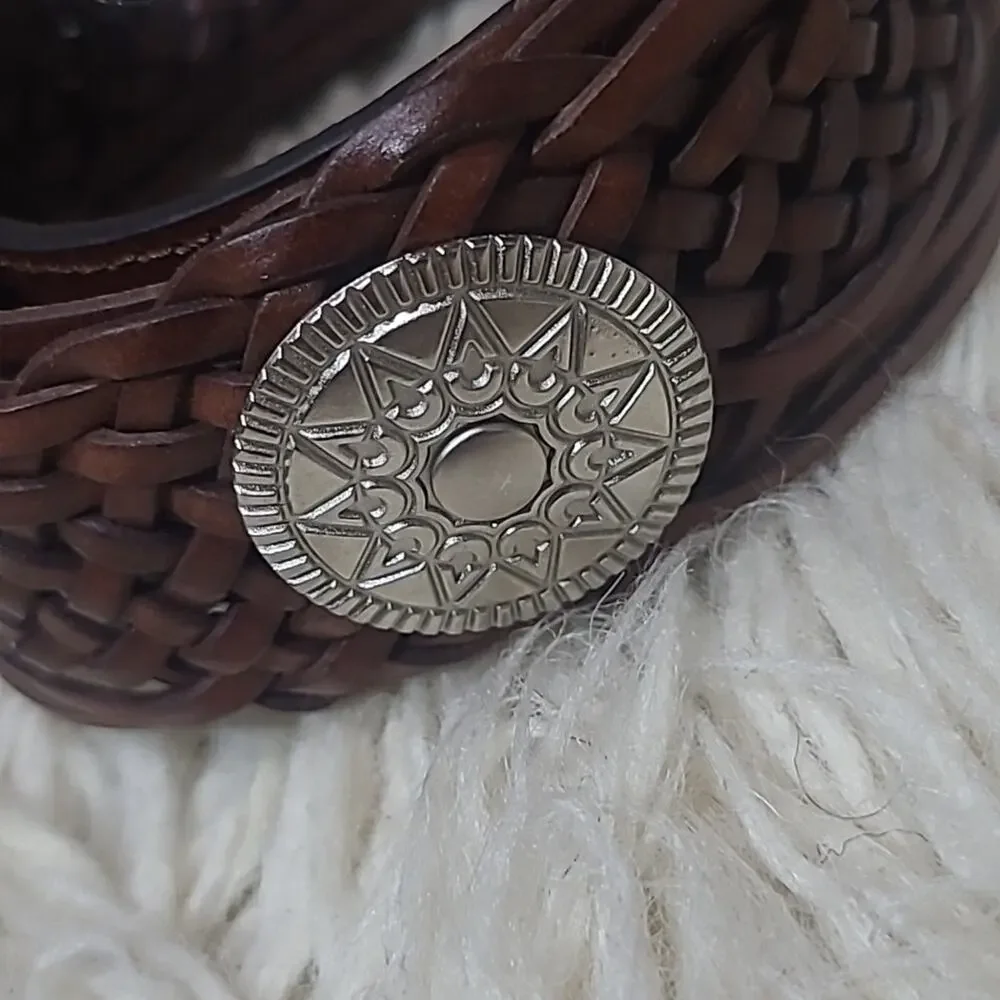 Vintage leather rodeo concho western belt Brown Weave Silver Medallion XL/44.5